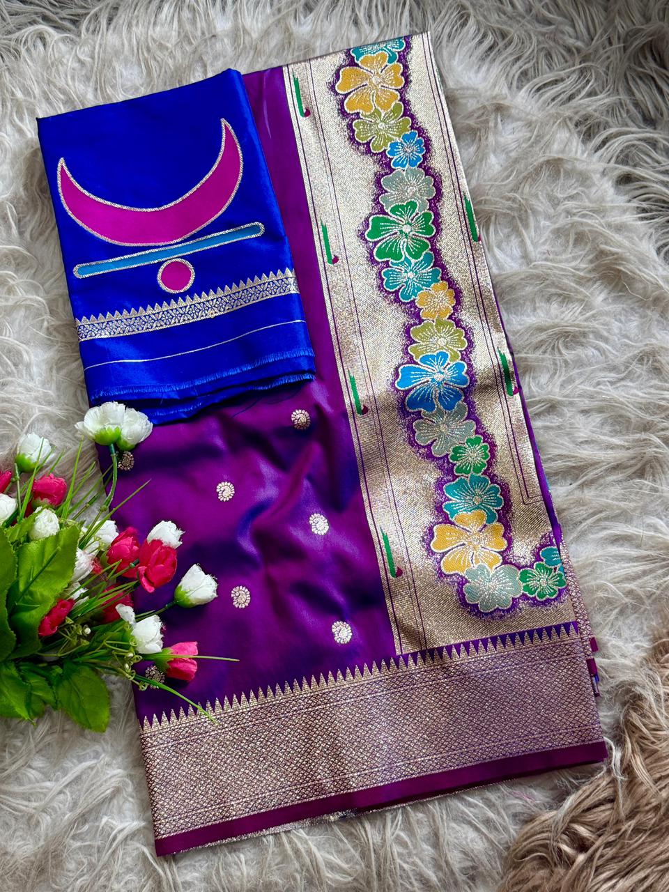 SA-7035-B SOFT SILK SAREE WITH STUNNING RAJMATA PAITHANI FEATURES AN ELEGANT KALANJALI BORDER WITH A MAJESTIC RAJMATA PAITHANI PALLU AND GRACEFUL KOHIRI BUTTI WOVEN ALL OVER THE BODY WITH FINISHED WITH PAITHANI BLOUSE