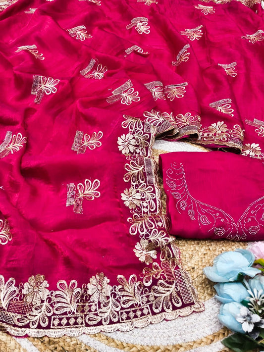 DF-SHUBH SATIN SILK FABRIC SAREE WITH EMBROIDERY WORK WITH SIROSKI WORK ALLOVER SAREE AND BUTTA WITH HEAVY BLOUSE