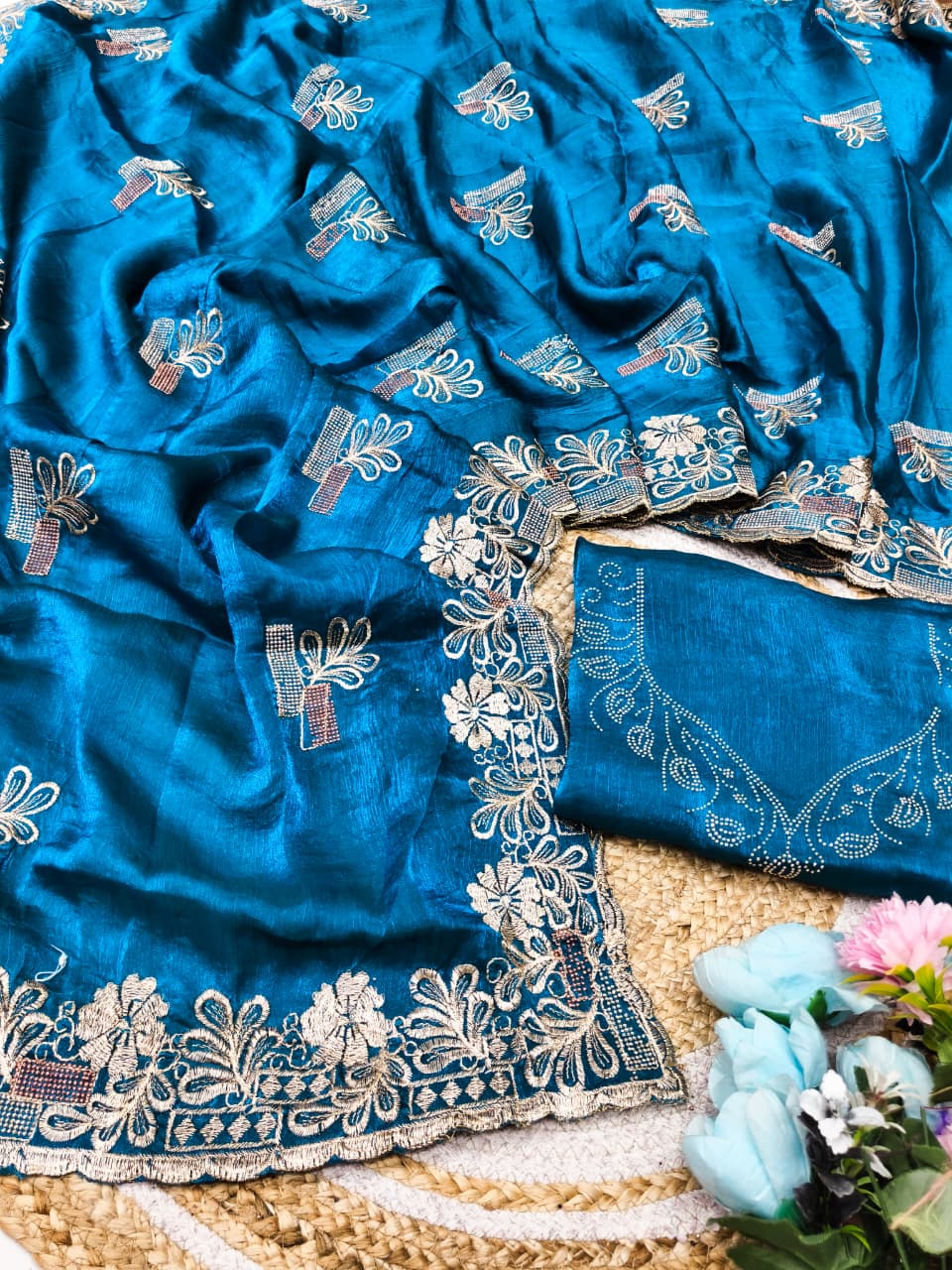 DF-SHUBH SATIN SILK FABRIC SAREE WITH EMBROIDERY WORK WITH SIROSKI WORK ALLOVER SAREE AND BUTTA WITH HEAVY BLOUSE