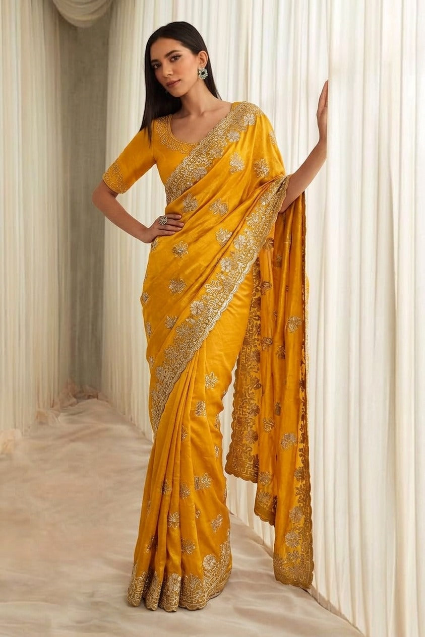 DF-SHUBH SATIN SILK FABRIC SAREE WITH EMBROIDERY WORK WITH SIROSKI WORK ALLOVER SAREE AND BUTTA WITH HEAVY BLOUSE