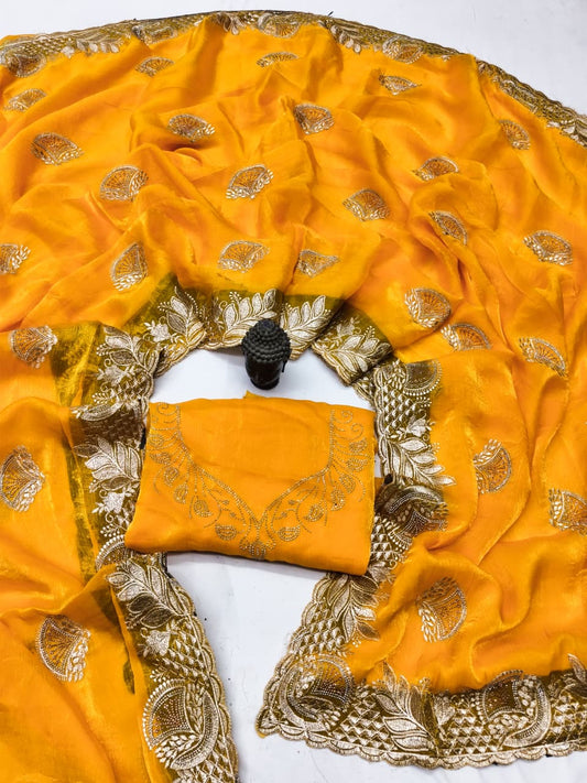 DF-SETU FENDI CHIFFON FABRIC SAREE WITH HEAVY EMBROIDERY WORK WITH SIROSKI WORK ALLOVER SAREE WITH BEAUTIFUL DESIGN WITH HEAVY WORK BLOUSE