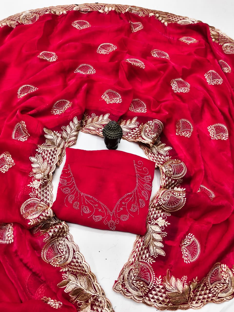 DF-SETU FENDI CHIFFON FABRIC SAREE WITH HEAVY EMBROIDERY WORK WITH SIROSKI WORK ALLOVER SAREE WITH BEAUTIFUL DESIGN WITH HEAVY WORK BLOUSE