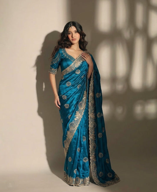 DF-SETU FENDI CHIFFON FABRIC SAREE WITH HEAVY EMBROIDERY WORK WITH SIROSKI WORK ALLOVER SAREE WITH BEAUTIFUL DESIGN WITH HEAVY WORK BLOUSE