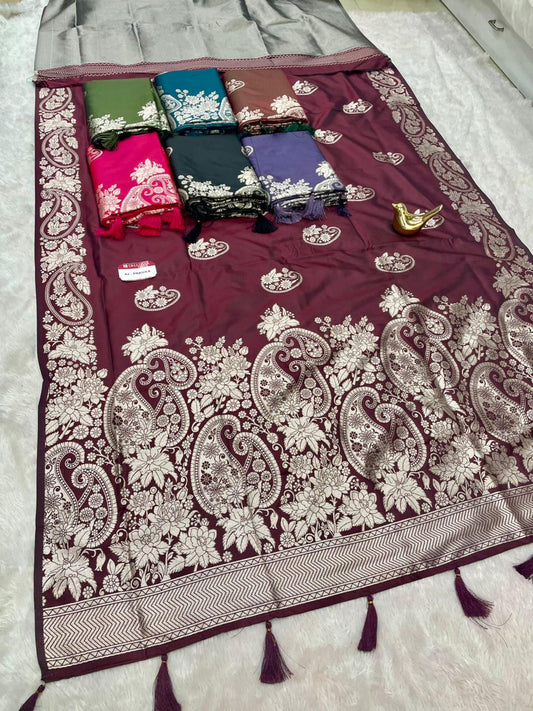 AJ-PRANIKA SOFT SILK FABRIC SAREE WITH HEAVY ZARI WORK WITH OPEN PALLU DESIGN WITH CARRY DESIGN ON ALL OVER ON SAREE WITH HEAVY BROCADE BLOUSE WITH TASSELS
