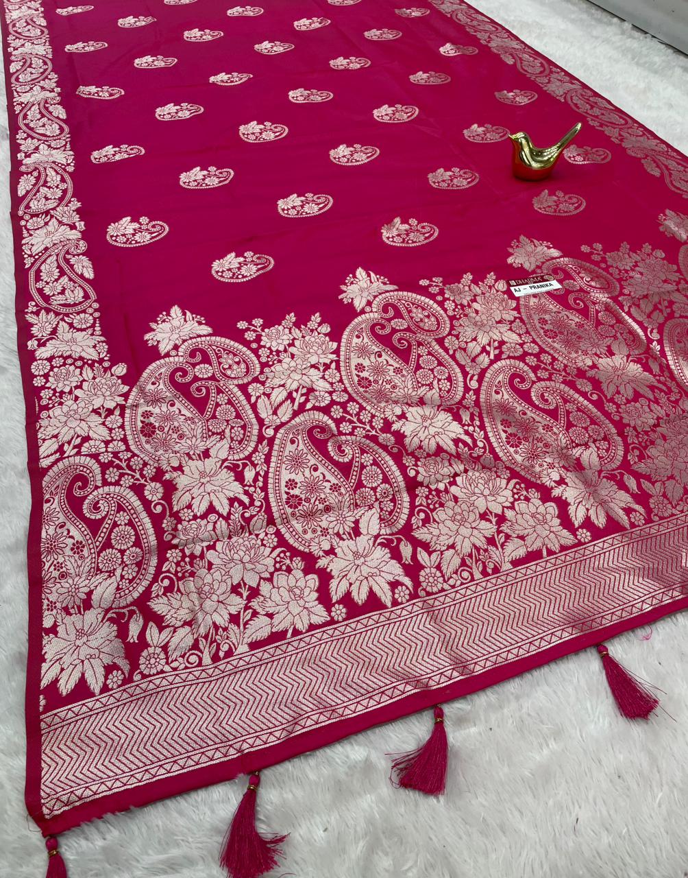 AJ-PRANIKA-2 SOFT SILK FABRIC SAREE WITH HEAVY ZARI WORK WITH OPEN PALLU DESIGN WITH CARRY DESIGN ON ALL OVER ON SAREE WITH HEAVY BROCADE BLOUSE WITH TASSELS