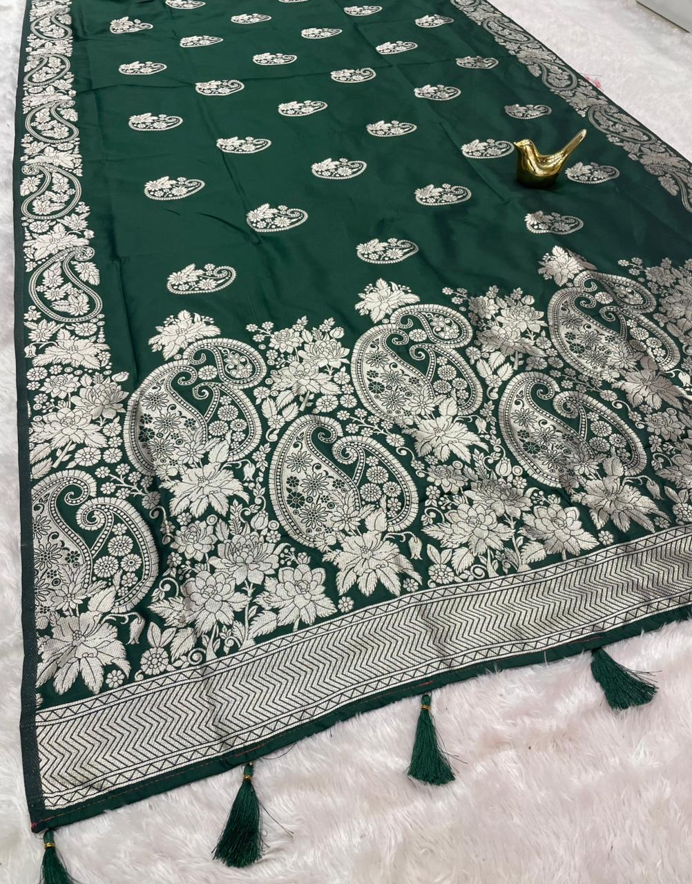 AJ-PRANIKA-2 SOFT SILK FABRIC SAREE WITH HEAVY ZARI WORK WITH OPEN PALLU DESIGN WITH CARRY DESIGN ON ALL OVER ON SAREE WITH HEAVY BROCADE BLOUSE WITH TASSELS