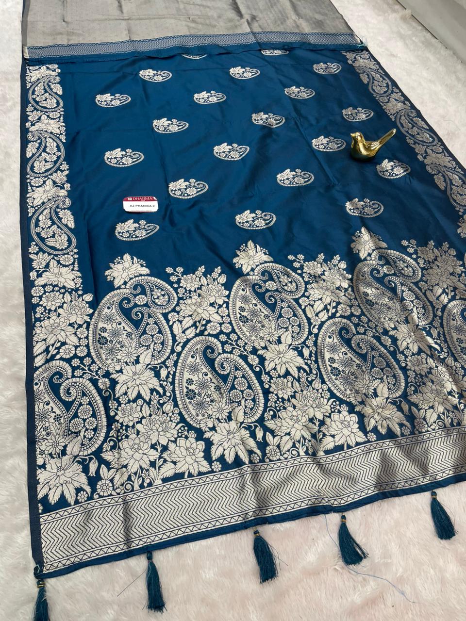 AJ-PRANIKA-2 SOFT SILK FABRIC SAREE WITH HEAVY ZARI WORK WITH OPEN PALLU DESIGN WITH CARRY DESIGN ON ALL OVER ON SAREE WITH HEAVY BROCADE BLOUSE WITH TASSELS