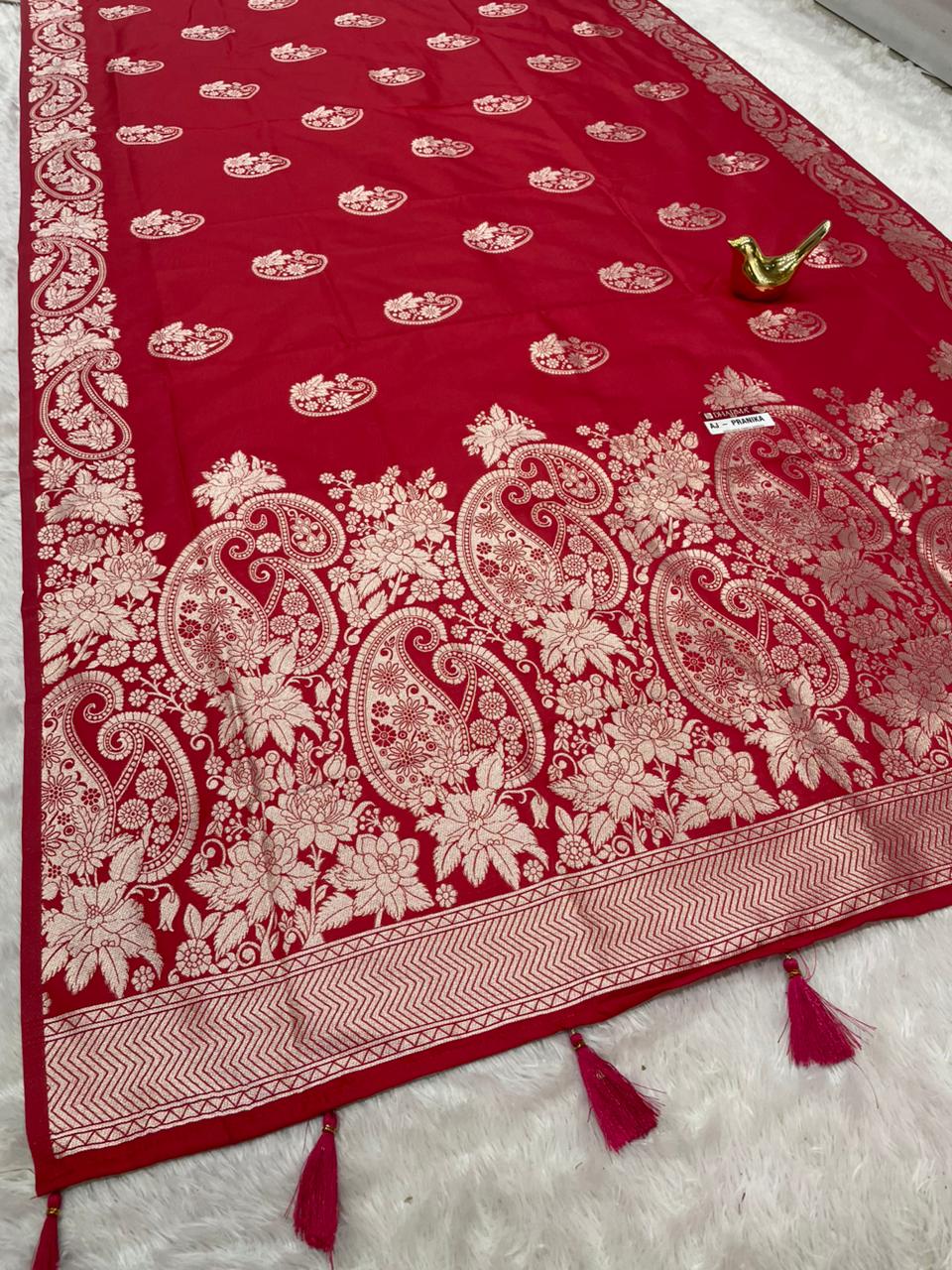 AJ-PRANIKA-2 SOFT SILK FABRIC SAREE WITH HEAVY ZARI WORK WITH OPEN PALLU DESIGN WITH CARRY DESIGN ON ALL OVER ON SAREE WITH HEAVY BROCADE BLOUSE WITH TASSELS