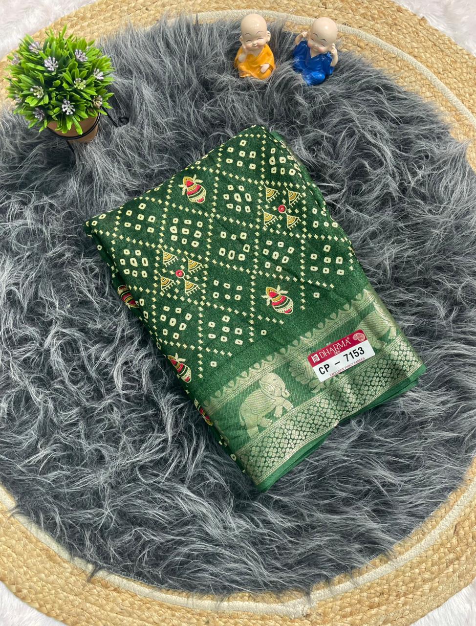 CP-7153 MARSHMALLOW FABRIC SAREE WITH BEAUTIFUL GHATCHOLA DESIGN WITH BANDHANI STYLE WITH KALASH DESIGN WITH BEAUTIFUL SILVER ZARI BORDER WITH GAJRAJ DESIGN AND BLOUSE
