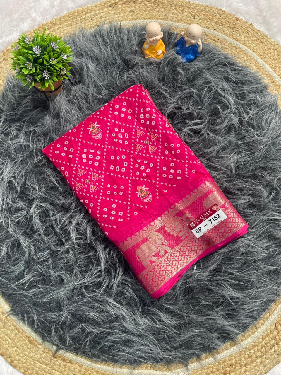 CP-7153 MARSHMALLOW FABRIC SAREE WITH BEAUTIFUL GHATCHOLA DESIGN WITH BANDHANI STYLE WITH KALASH DESIGN WITH BEAUTIFUL SILVER ZARI BORDER WITH GAJRAJ DESIGN AND BLOUSE