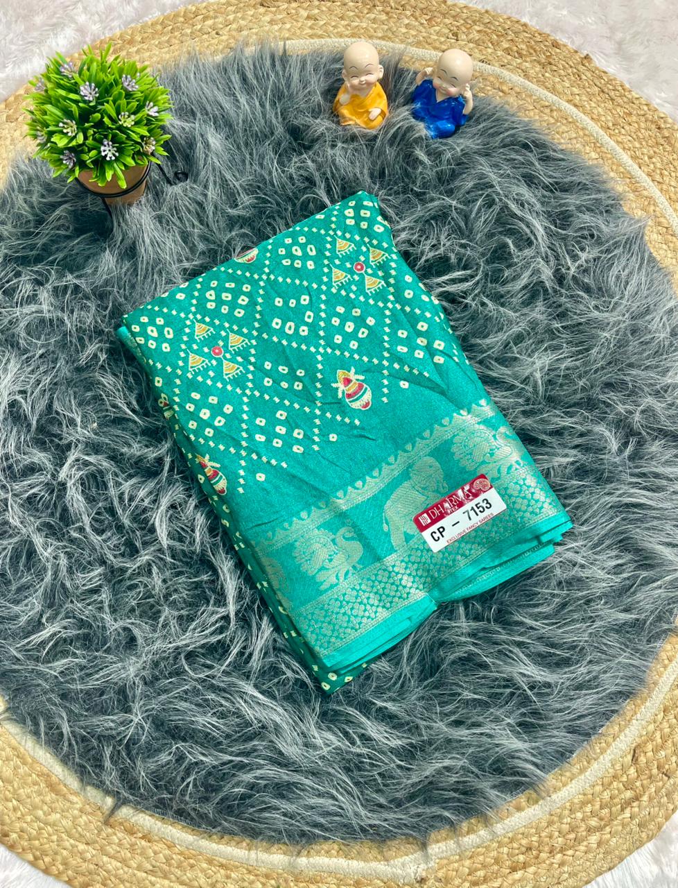 CP-7153 MARSHMALLOW FABRIC SAREE WITH BEAUTIFUL GHATCHOLA DESIGN WITH BANDHANI STYLE WITH KALASH DESIGN WITH BEAUTIFUL SILVER ZARI BORDER WITH GAJRAJ DESIGN AND BLOUSE