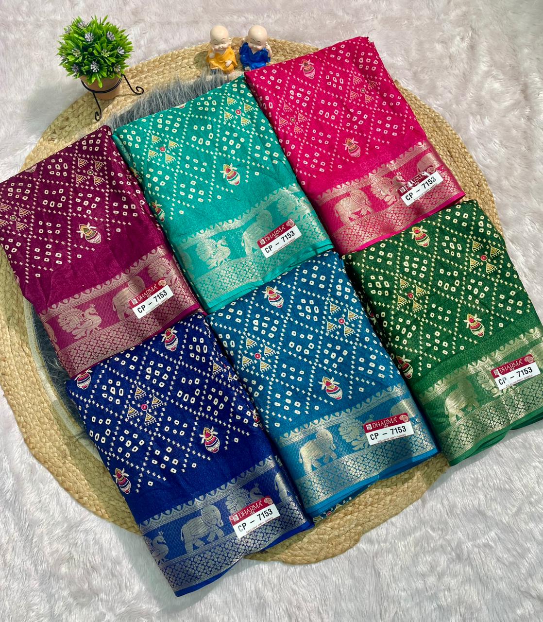 CP-7153 MARSHMALLOW FABRIC SAREE WITH BEAUTIFUL GHATCHOLA DESIGN WITH BANDHANI STYLE WITH KALASH DESIGN WITH BEAUTIFUL SILVER ZARI BORDER WITH GAJRAJ DESIGN AND BLOUSE