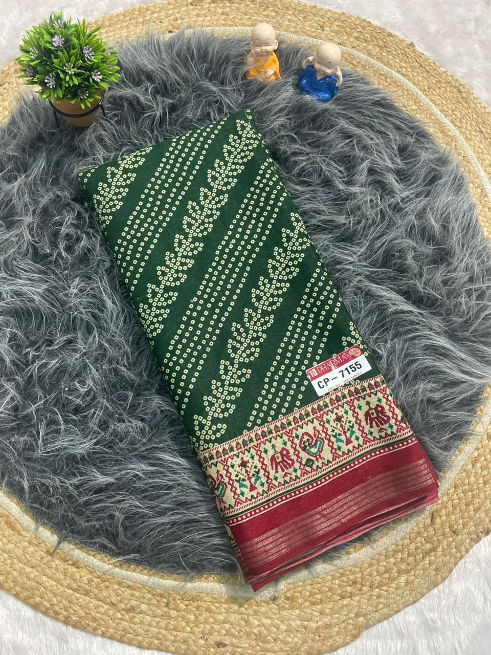 CP-7155 MAL COTTON FABRIC SAREE WITH BEAUTIFUL RICH PALLU DESIGN WITH BANDHNI PRINT IN ALL OVER SAREE WITH BEAUTIFUL GAJRAJ AND PEACOCK DESIGN WITH BLOUSE