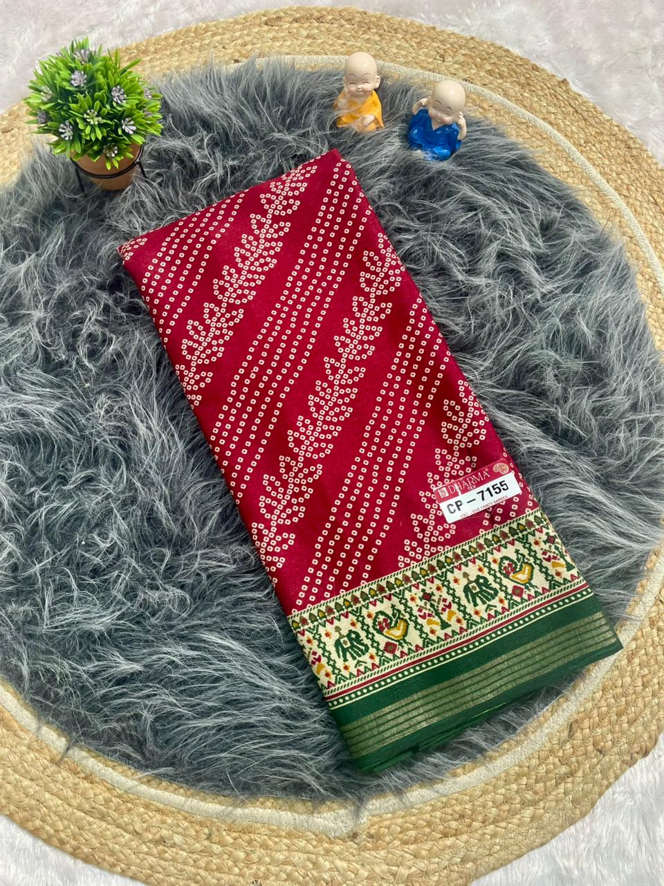 CP-7155 MAL COTTON FABRIC SAREE WITH BEAUTIFUL RICH PALLU DESIGN WITH BANDHNI PRINT IN ALL OVER SAREE WITH BEAUTIFUL GAJRAJ AND PEACOCK DESIGN WITH BLOUSE