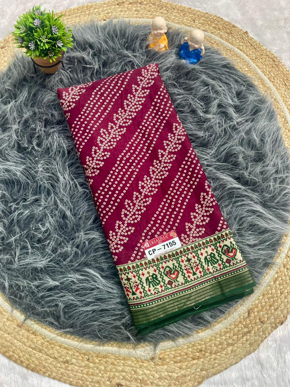 CP-7155 MAL COTTON FABRIC SAREE WITH BEAUTIFUL RICH PALLU DESIGN WITH BANDHNI PRINT IN ALL OVER SAREE WITH BEAUTIFUL GAJRAJ AND PEACOCK DESIGN WITH BLOUSE