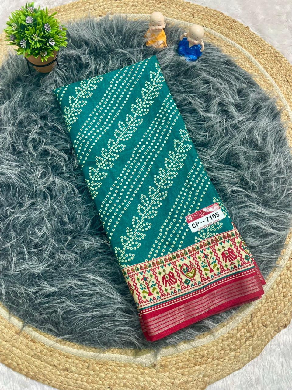 CP-7155 MAL COTTON FABRIC SAREE WITH BEAUTIFUL RICH PALLU DESIGN WITH BANDHNI PRINT IN ALL OVER SAREE WITH BEAUTIFUL GAJRAJ AND PEACOCK DESIGN WITH BLOUSE