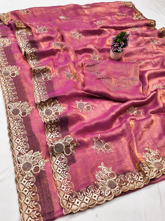 DF-DHANUSHA FENDI FABRIC SAREE WITH EMBROIDERY WORK WITH SIROSKI WORK WITH BEAUTIFUL DESIGN WITH HEAVY WORK BLOUSE