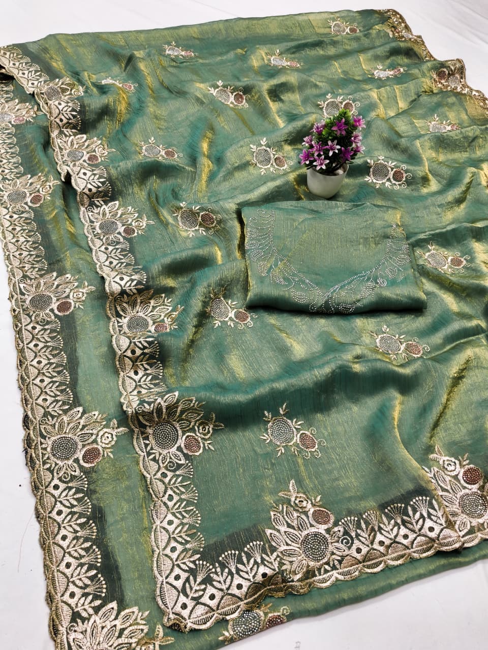 DF-DHANUSHA FENDI FABRIC SAREE WITH EMBROIDERY WORK WITH SIROSKI WORK WITH BEAUTIFUL DESIGN WITH HEAVY WORK BLOUSE