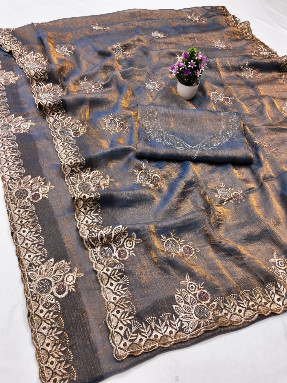 DF-DHANUSHA FENDI FABRIC SAREE WITH EMBROIDERY WORK WITH SIROSKI WORK WITH BEAUTIFUL DESIGN WITH HEAVY WORK BLOUSE