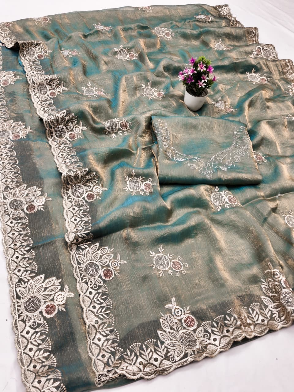 DF-DHANUSHA FENDI FABRIC SAREE WITH EMBROIDERY WORK WITH SIROSKI WORK WITH BEAUTIFUL DESIGN WITH HEAVY WORK BLOUSE