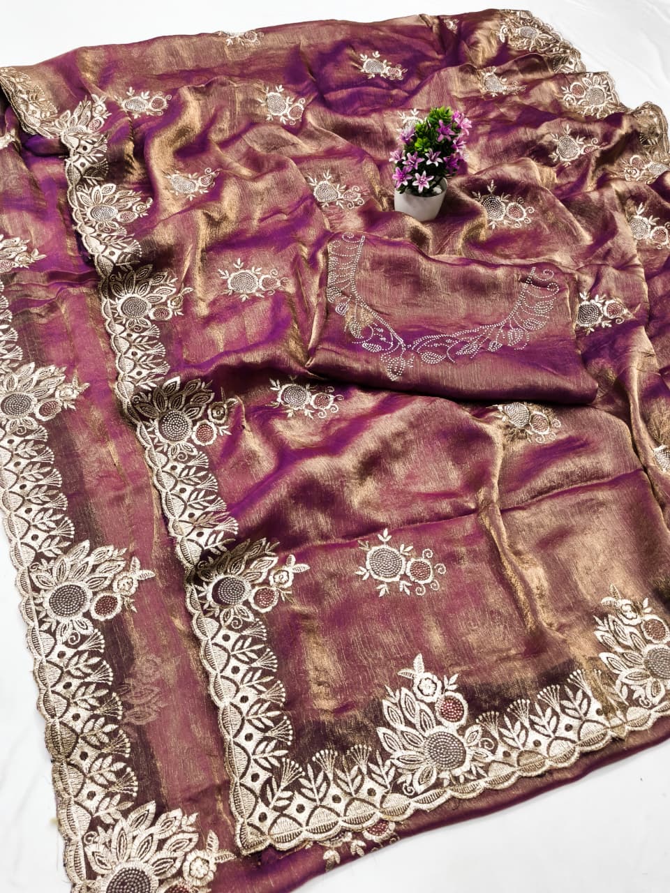 DF-DHANUSHA FENDI FABRIC SAREE WITH EMBROIDERY WORK WITH SIROSKI WORK WITH BEAUTIFUL DESIGN WITH HEAVY WORK BLOUSE