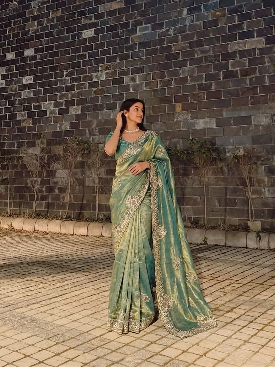 DF-DHANUSHA FENDI FABRIC SAREE WITH EMBROIDERY WORK WITH SIROSKI WORK WITH BEAUTIFUL DESIGN WITH HEAVY WORK BLOUSE