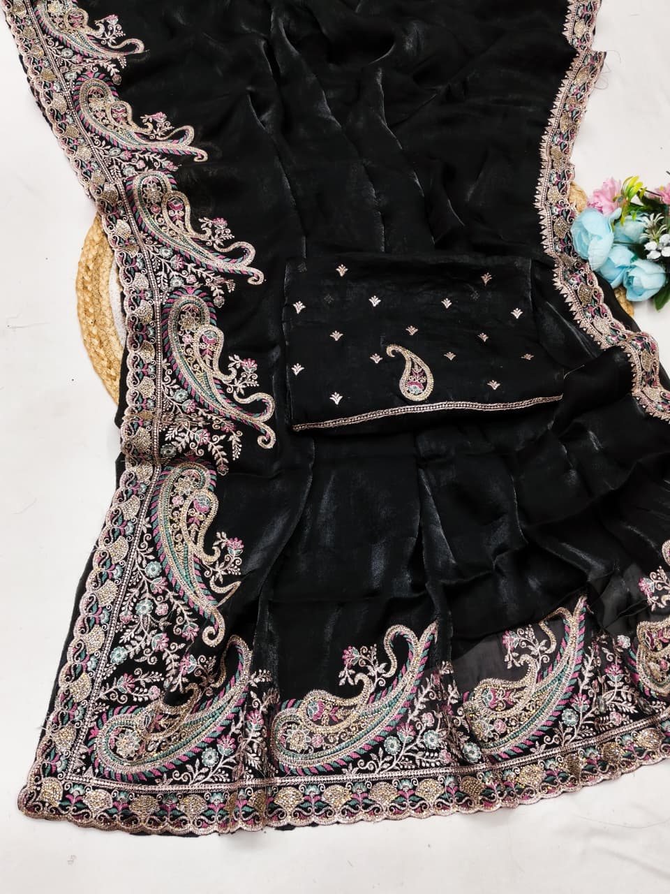 DF-SARGAM FENDI SATIN FABRIC SAREE WITH EMBROIDERY WORK WITH JARKAN WORK WITH BEAUTIFUL DESIGN AND HEAVY WORK BLOUSE