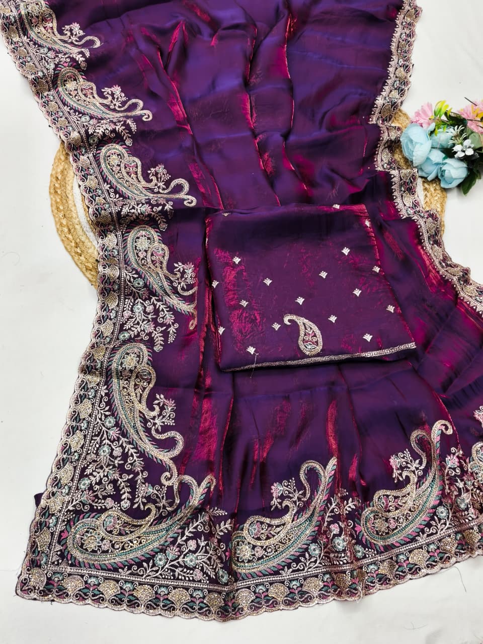 DF-SARGAM FENDI SATIN FABRIC SAREE WITH EMBROIDERY WORK WITH JARKAN WORK WITH BEAUTIFUL DESIGN AND HEAVY WORK BLOUSE