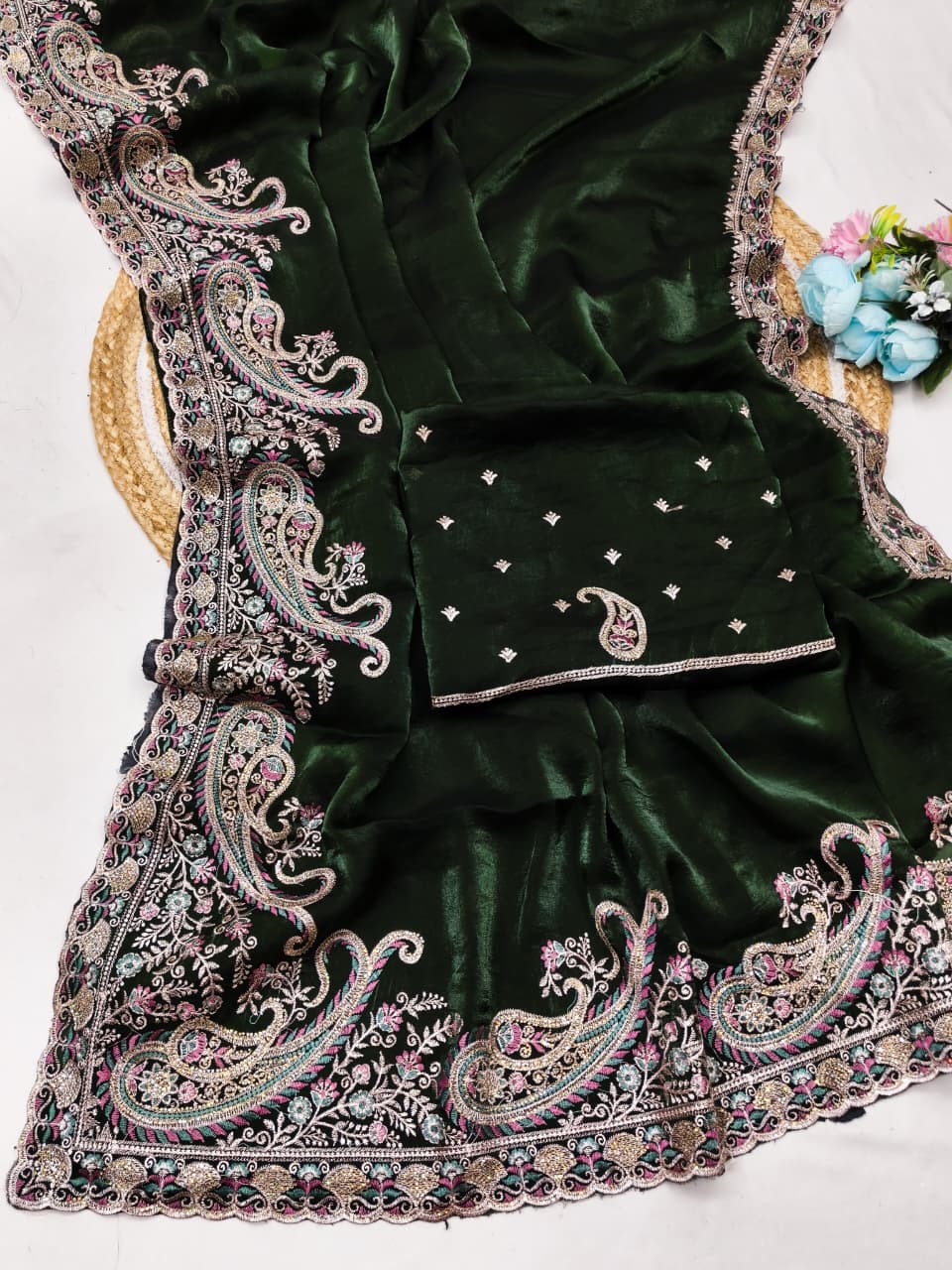 DF-SARGAM FENDI SATIN FABRIC SAREE WITH EMBROIDERY WORK WITH JARKAN WORK WITH BEAUTIFUL DESIGN AND HEAVY WORK BLOUSE