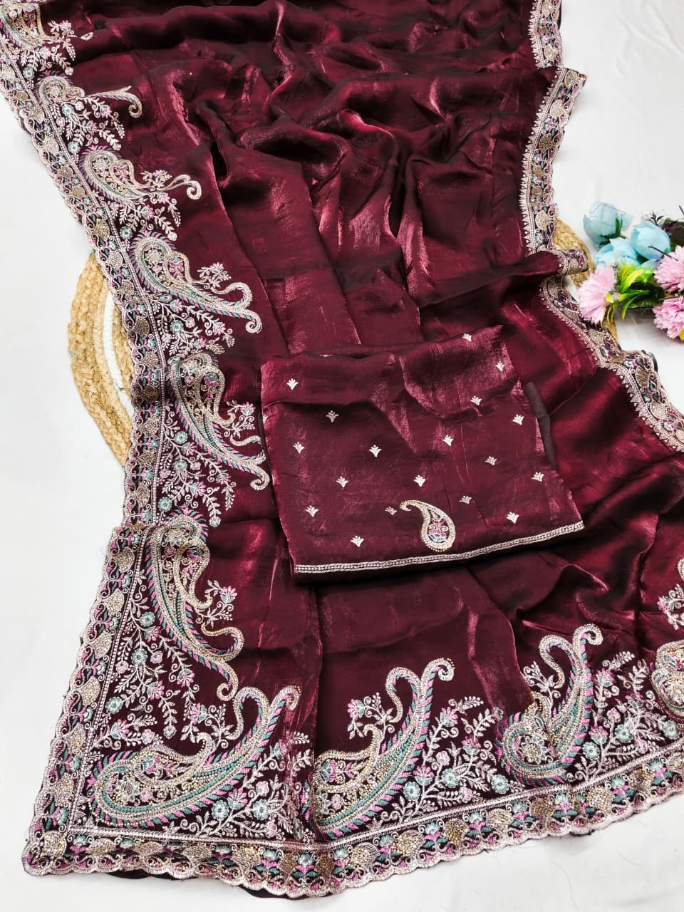 DF-SARGAM FENDI SATIN FABRIC SAREE WITH EMBROIDERY WORK WITH JARKAN WORK WITH BEAUTIFUL DESIGN AND HEAVY WORK BLOUSE