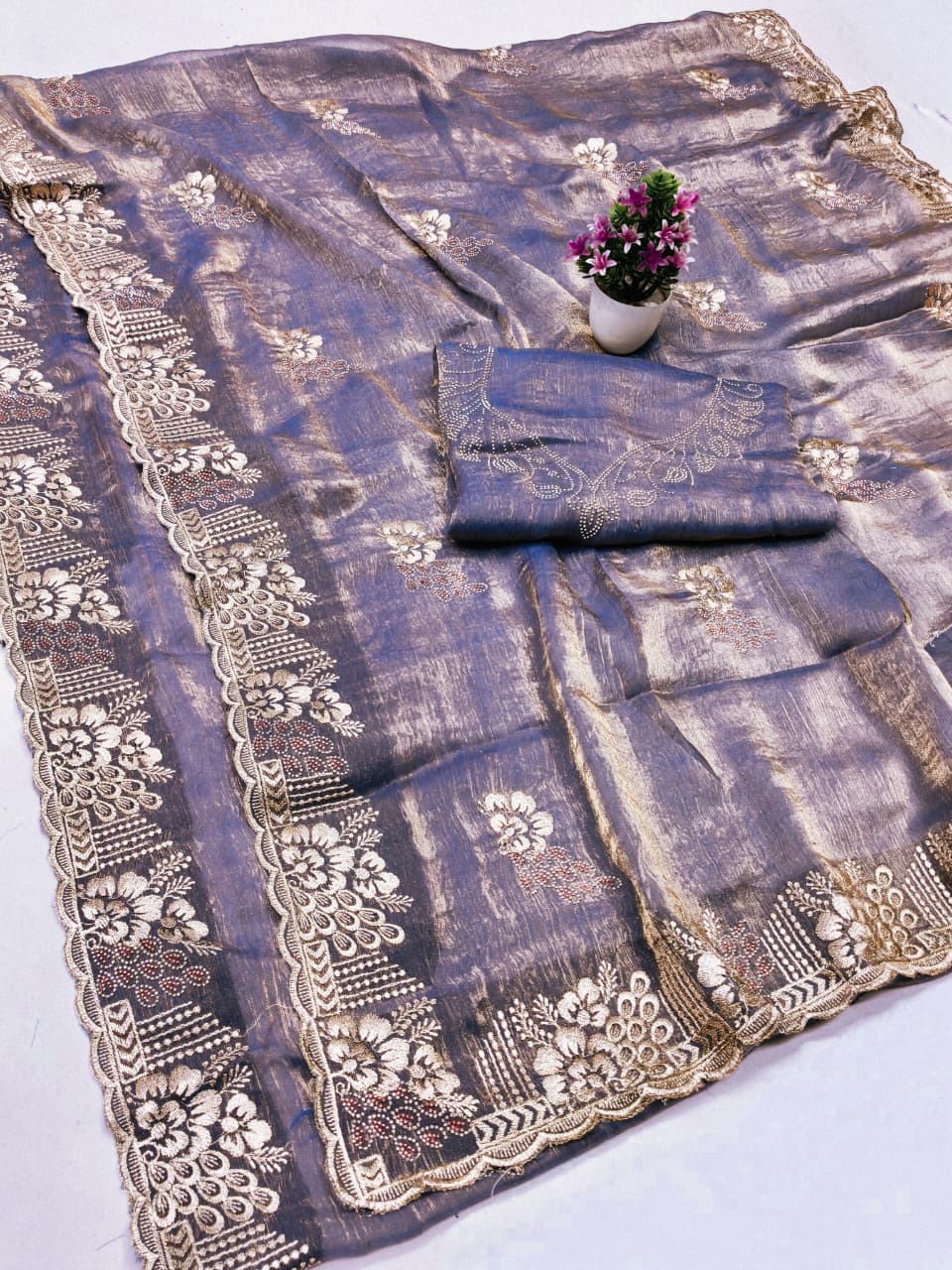DF-MIRAJ-2 FENDI FABRIC SAREE WITH EMBROIDERY WORK WITH MULTI SIROSKI WORK WITH BEAUTIFUL WITH HEAVY WORK BLOUSE
