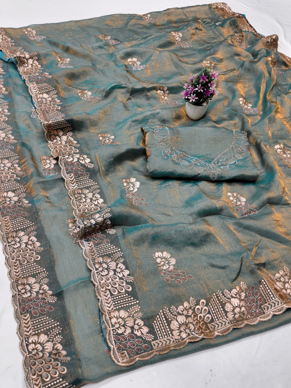 DF-MIRAJ-2 FENDI FABRIC SAREE WITH EMBROIDERY WORK WITH MULTI SIROSKI WORK WITH BEAUTIFUL WITH HEAVY WORK BLOUSE