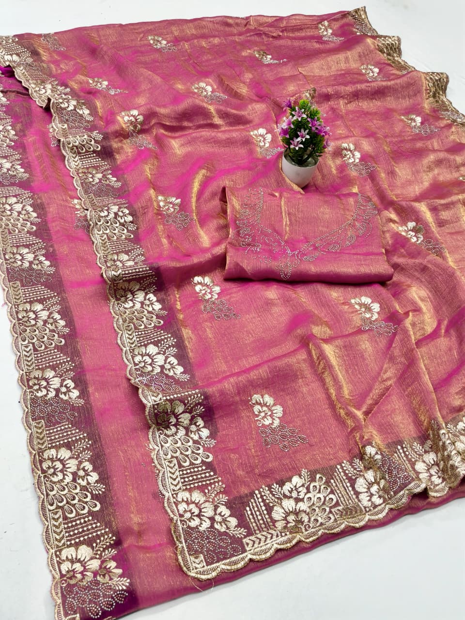 DF-MIRAJ-2 FENDI FABRIC SAREE WITH EMBROIDERY WORK WITH MULTI SIROSKI WORK WITH BEAUTIFUL WITH HEAVY WORK BLOUSE