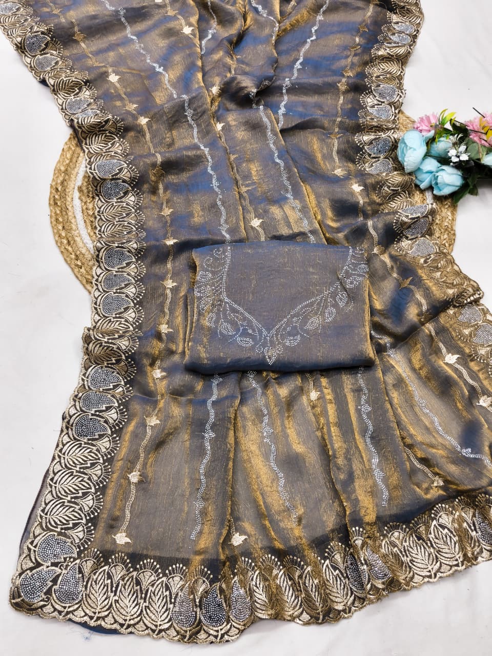 DF-DILISHA-2 FENDI FABRIC SAREE WITH EMBROIDERY WORK WITH SIROSKI WORK WITH BEAUTIFUL DESIGN AND HEAVY WORK BLOUSE