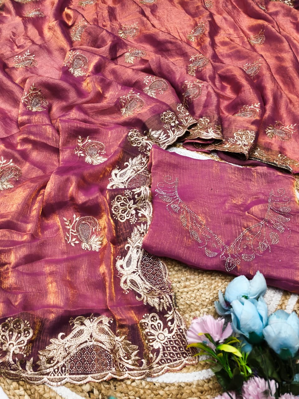 DF-YATRA-2 FENDI FABRIC SAREE WITH EMBROIDERY WORK WITH MULTI SIROSKI WORK WITH BEAUTIFUL PEACOCK DESIGN WITH HEAVY WORK BLOUSE