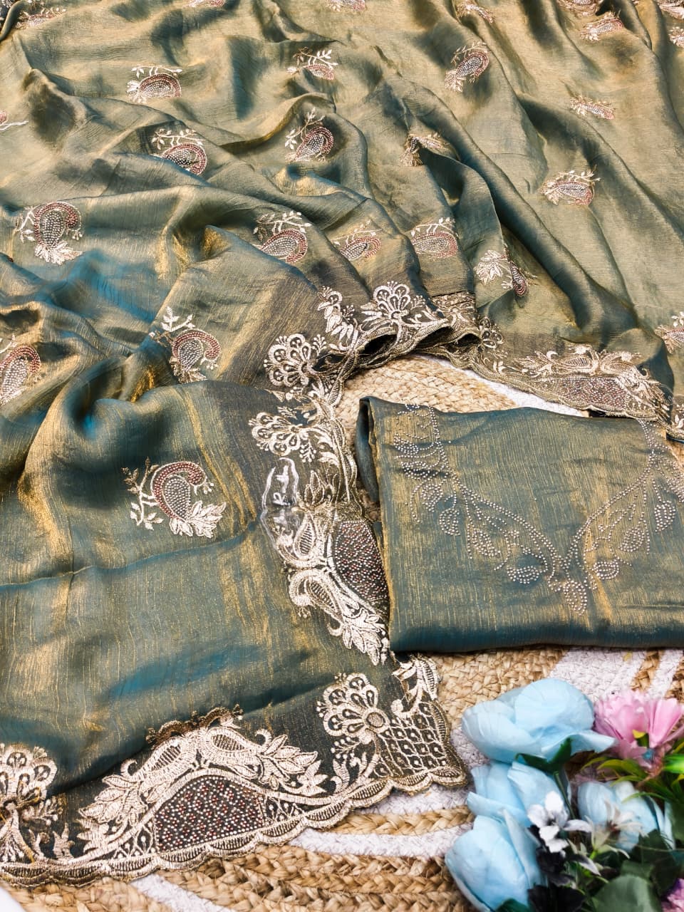 DF-YATRA-2 FENDI FABRIC SAREE WITH EMBROIDERY WORK WITH MULTI SIROSKI WORK WITH BEAUTIFUL PEACOCK DESIGN WITH HEAVY WORK BLOUSE