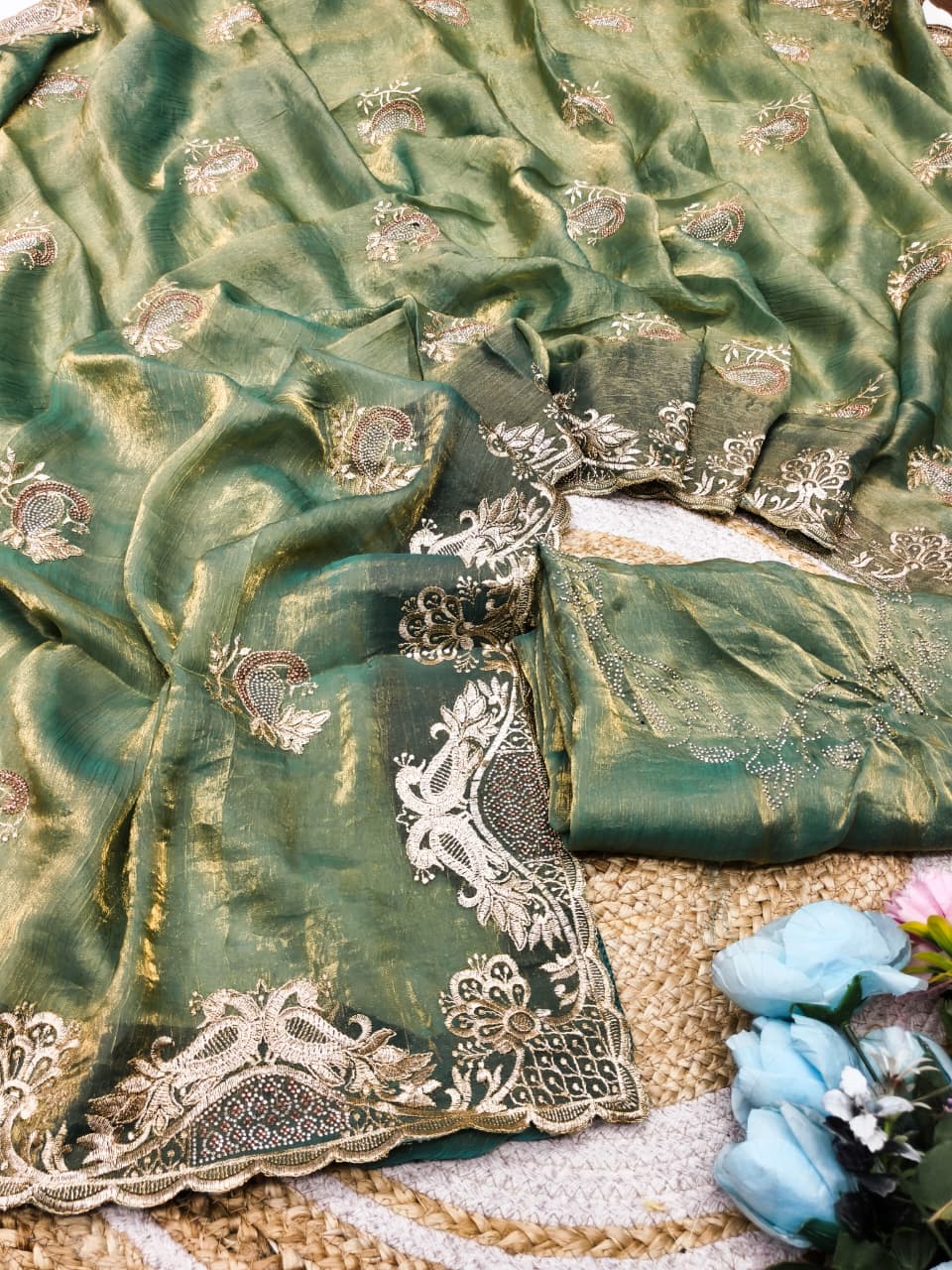 DF-YATRA-2 FENDI FABRIC SAREE WITH EMBROIDERY WORK WITH MULTI SIROSKI WORK WITH BEAUTIFUL PEACOCK DESIGN WITH HEAVY WORK BLOUSE
