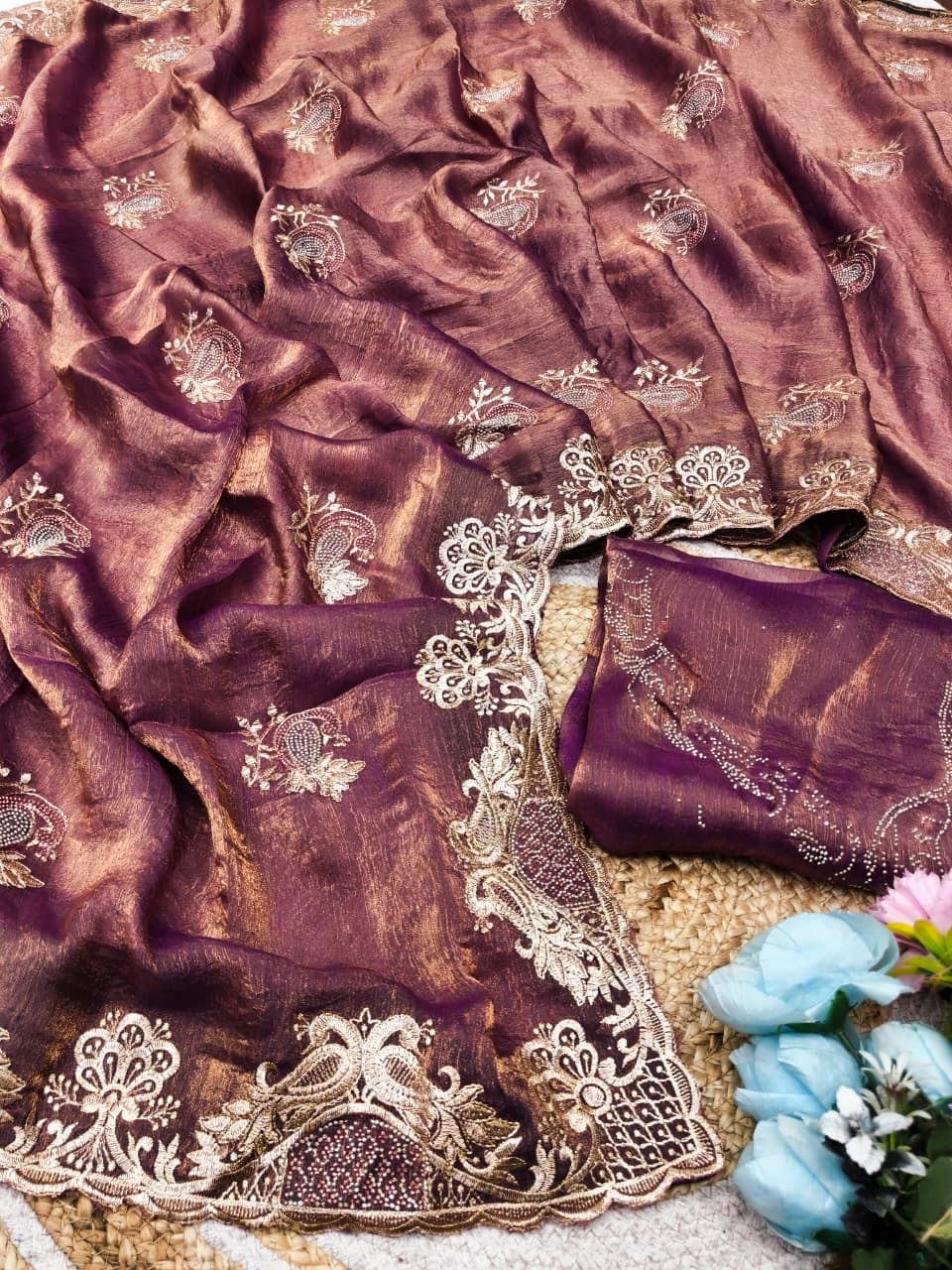 DF-YATRA-2 FENDI FABRIC SAREE WITH EMBROIDERY WORK WITH MULTI SIROSKI WORK WITH BEAUTIFUL PEACOCK DESIGN WITH HEAVY WORK BLOUSE