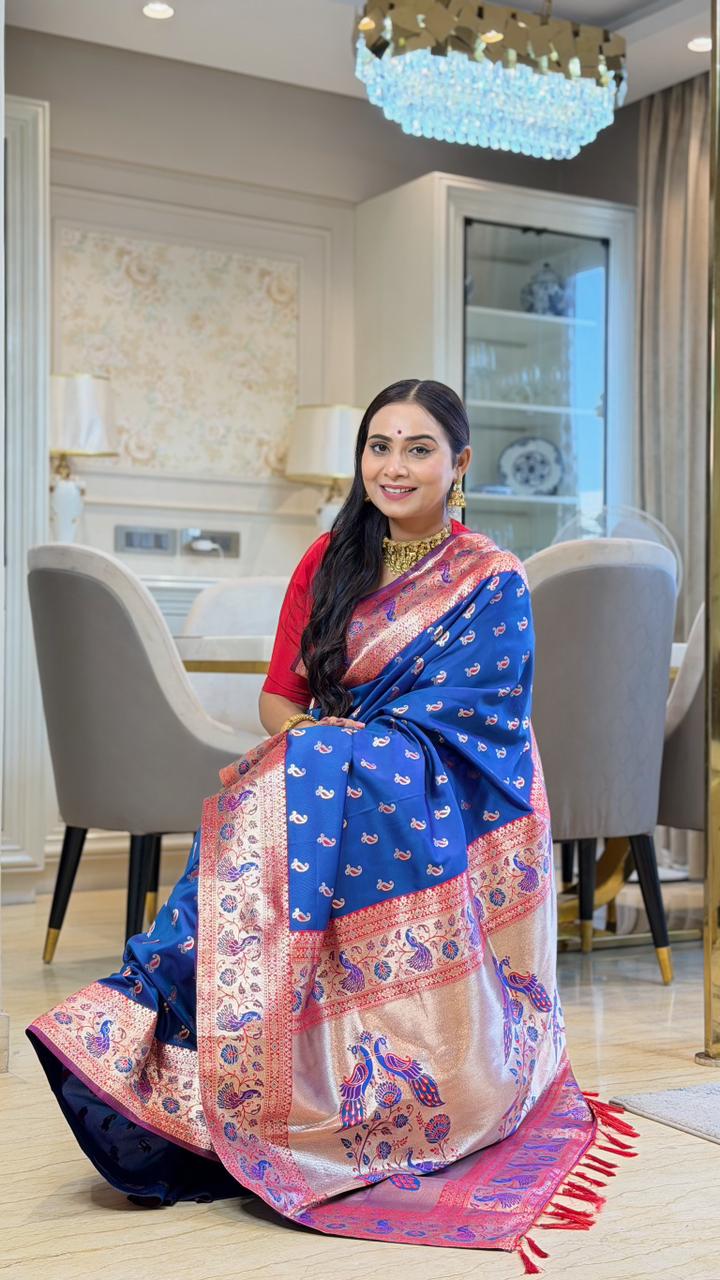SA-7051 SOFT SILK FABRIC SAREE WITH RICH PALLU DESIGN WITH BEAUTIFUL PEACOK DESIGN ON PALLU WITH PAITHANI BORDER WITH CARRY DESIGN ALLOVER ON BODY WITH TASSELS AND BLOUSE