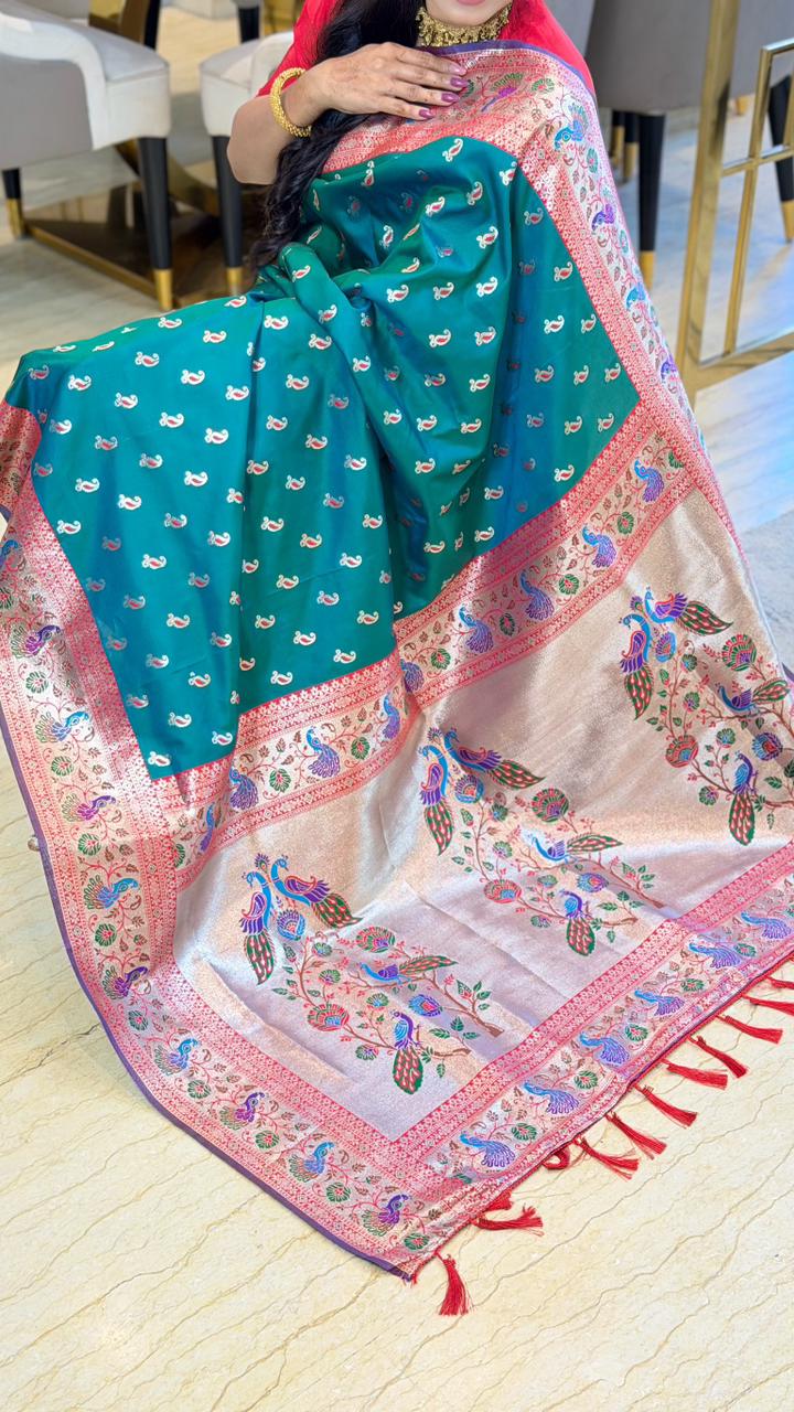 SA-7051 SOFT SILK FABRIC SAREE WITH RICH PALLU DESIGN WITH BEAUTIFUL PEACOK DESIGN ON PALLU WITH PAITHANI BORDER WITH CARRY DESIGN ALLOVER ON BODY WITH TASSELS AND BLOUSE