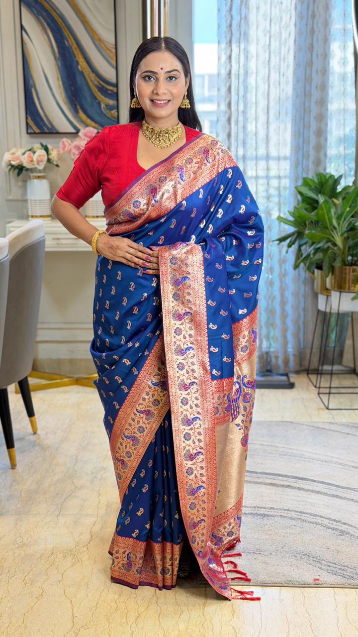 SA-7051 SOFT SILK FABRIC SAREE WITH RICH PALLU DESIGN WITH BEAUTIFUL PEACOK DESIGN ON PALLU WITH PAITHANI BORDER WITH CARRY DESIGN ALLOVER ON BODY WITH TASSELS AND BLOUSE