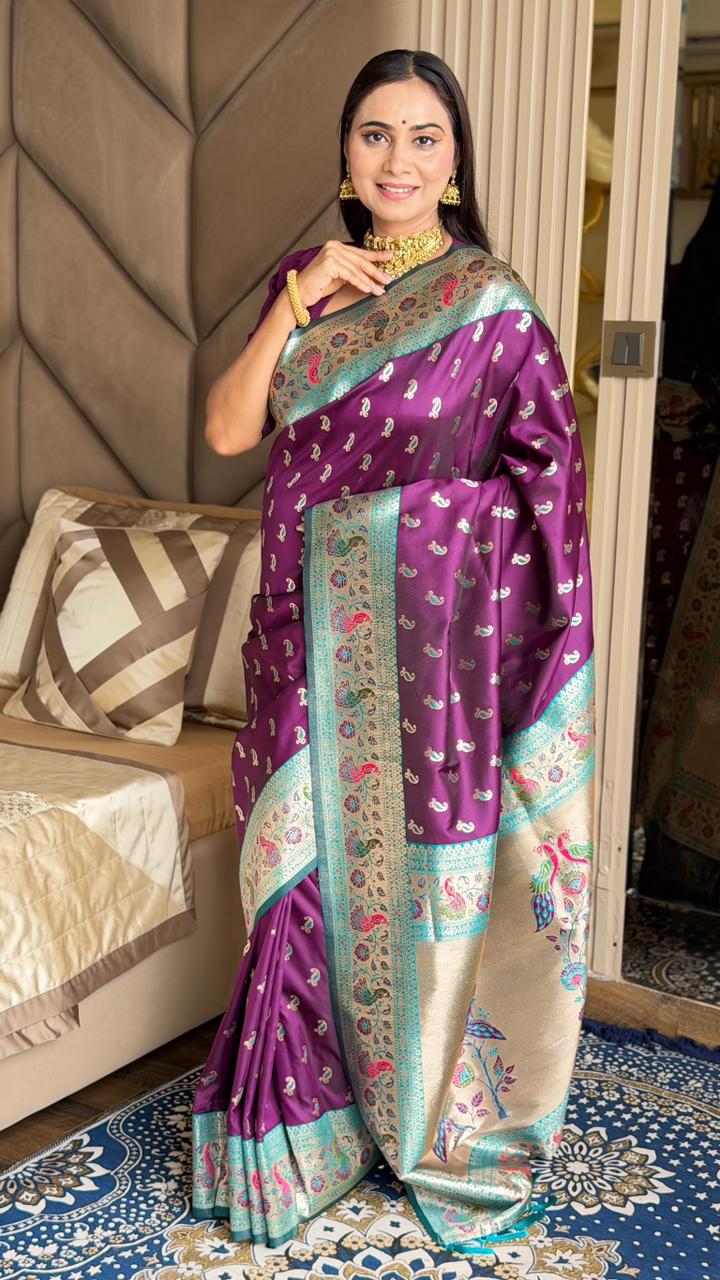 SA-7051 SOFT SILK FABRIC SAREE WITH RICH PALLU DESIGN WITH BEAUTIFUL PEACOK DESIGN ON PALLU WITH PAITHANI BORDER WITH CARRY DESIGN ALLOVER ON BODY WITH TASSELS AND BLOUSE