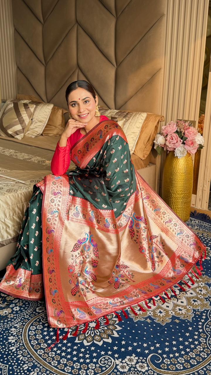 SA-7051 SOFT SILK FABRIC SAREE WITH RICH PALLU DESIGN WITH BEAUTIFUL PEACOK DESIGN ON PALLU WITH PAITHANI BORDER WITH CARRY DESIGN ALLOVER ON BODY WITH TASSELS AND BLOUSE