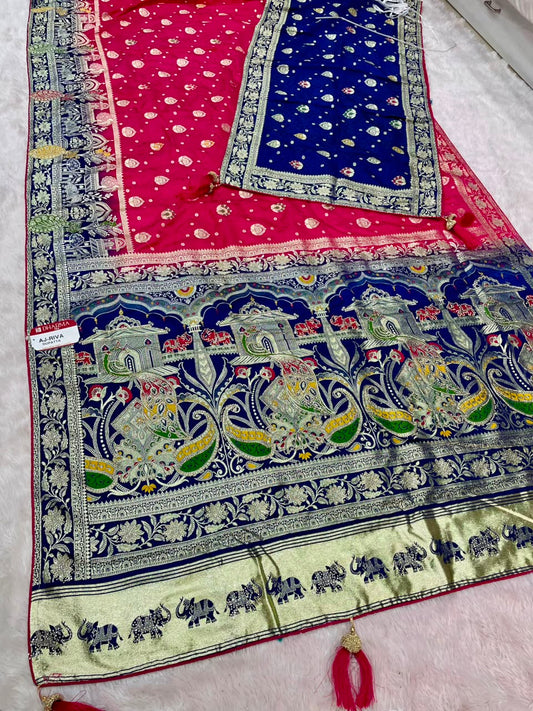 AJ-RIVA DUPPATA SATIN SILK FABRIC SAREE WITH RICH PALLU DESIGN WITH SIROSKI WORK WITH BEAUTIFUL DESIGN ON PALLU WITH LAGNI PATTA WITH GAJRAJ DESIGN AND TASSELS WITH CONTRAST HEAVY WORK DUPPTTA