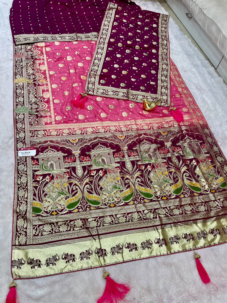 AJ-RIVA DUPPATA SATIN SILK FABRIC SAREE WITH RICH PALLU DESIGN WITH SIROSKI WORK WITH BEAUTIFUL DESIGN ON PALLU WITH LAGNI PATTA WITH GAJRAJ DESIGN AND TASSELS WITH CONTRAST HEAVY WORK DUPPTTA