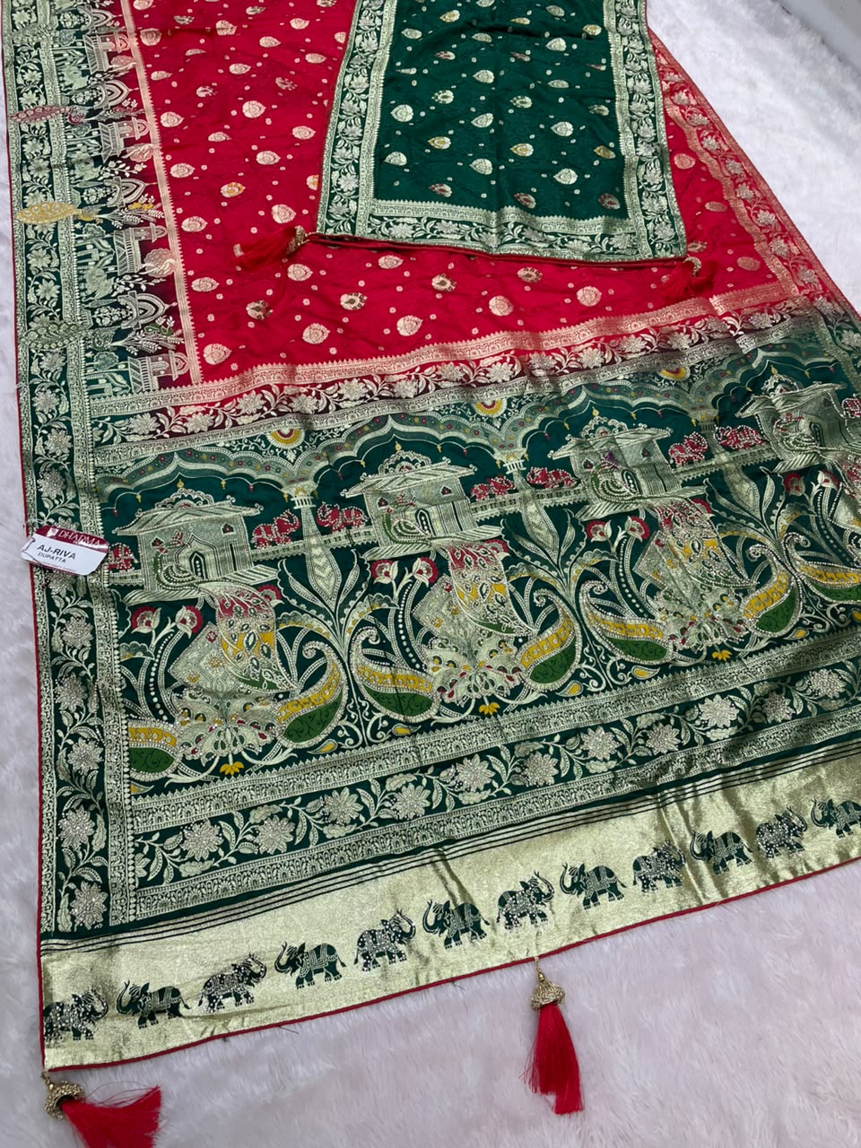 AJ-RIVA DUPPATA SATIN SILK FABRIC SAREE WITH RICH PALLU DESIGN WITH SIROSKI WORK WITH BEAUTIFUL DESIGN ON PALLU WITH LAGNI PATTA WITH GAJRAJ DESIGN AND TASSELS WITH CONTRAST HEAVY WORK DUPPTTA