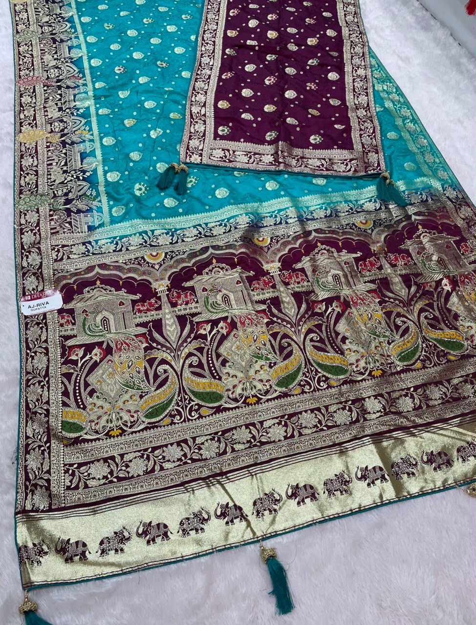 AJ-RIVA DUPPATA SATIN SILK FABRIC SAREE WITH RICH PALLU DESIGN WITH SIROSKI WORK WITH BEAUTIFUL DESIGN ON PALLU WITH LAGNI PATTA WITH GAJRAJ DESIGN AND TASSELS WITH CONTRAST HEAVY WORK DUPPTTA