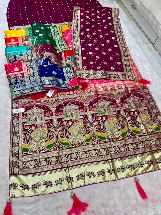AJ-RIVA DUPPATA SATIN SILK FABRIC SAREE WITH RICH PALLU DESIGN WITH SIROSKI WORK WITH BEAUTIFUL DESIGN ON PALLU WITH LAGNI PATTA WITH GAJRAJ DESIGN AND TASSELS WITH CONTRAST HEAVY WORK DUPPTTA
