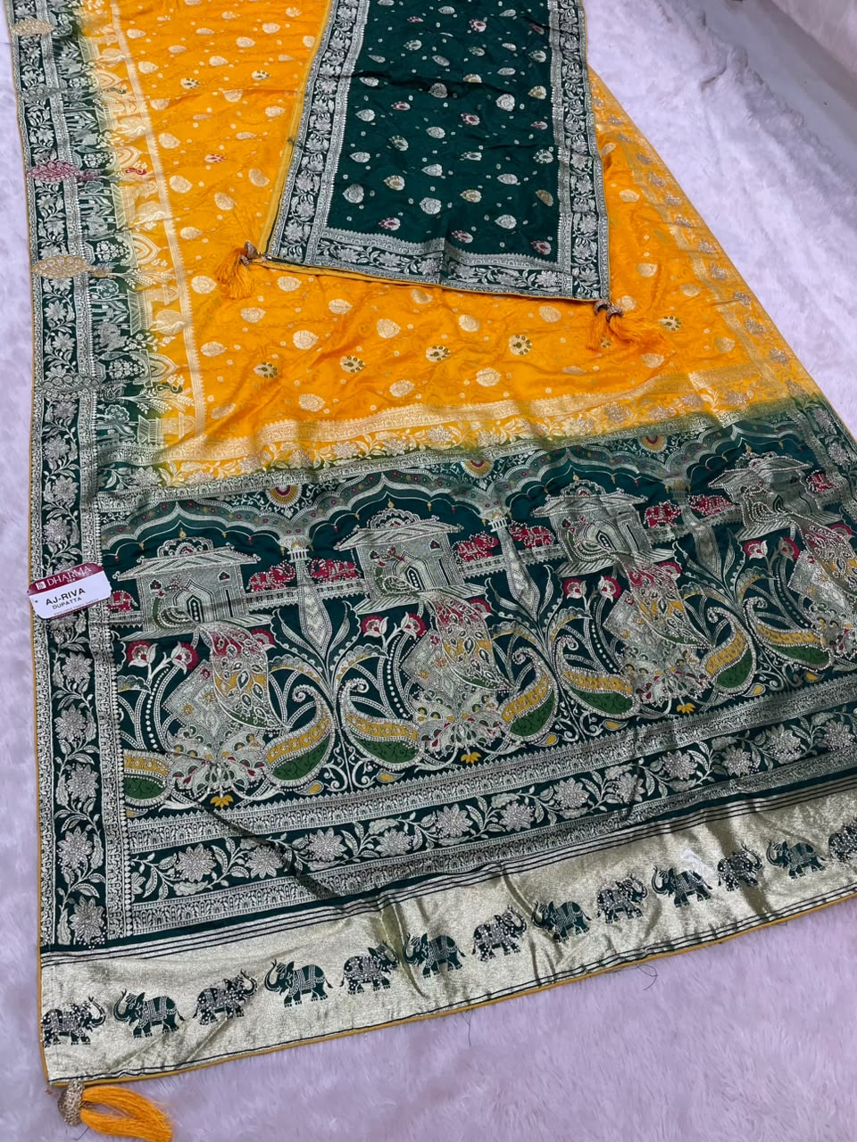 AJ-RIVA DUPPATA SATIN SILK FABRIC SAREE WITH RICH PALLU DESIGN WITH SIROSKI WORK WITH BEAUTIFUL DESIGN ON PALLU WITH LAGNI PATTA WITH GAJRAJ DESIGN AND TASSELS WITH CONTRAST HEAVY WORK DUPPTTA