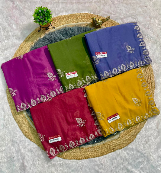 DF-SIMRAN PREMIUM STAR GEORGETTE FABRIC SAREE FEATURING ELEGENT LEAF EMBROIDERY BUTTI WORK WITH EMBROIDERY CUTWORK BORDER AND DESIGNER PALLU WITH BLOUSE